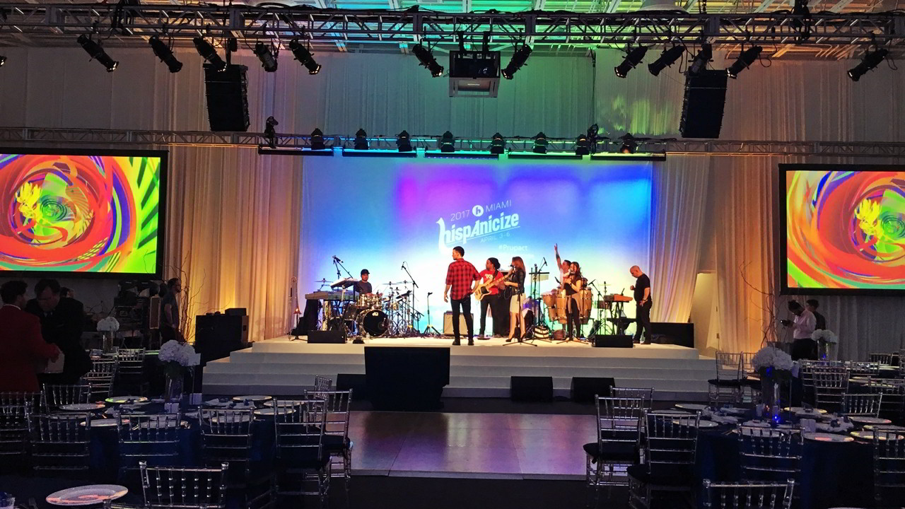 Corporate event concert with band, projection and screen, lighting and audio system